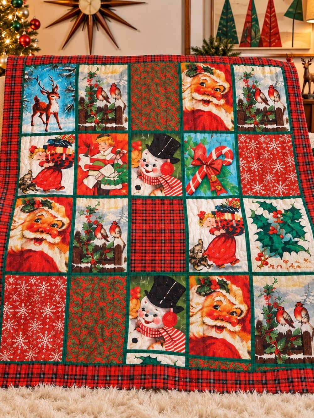 Mid Century Modern MCM Christmas Quilt Throw Blanket Santa Reindeer Retro 50s
